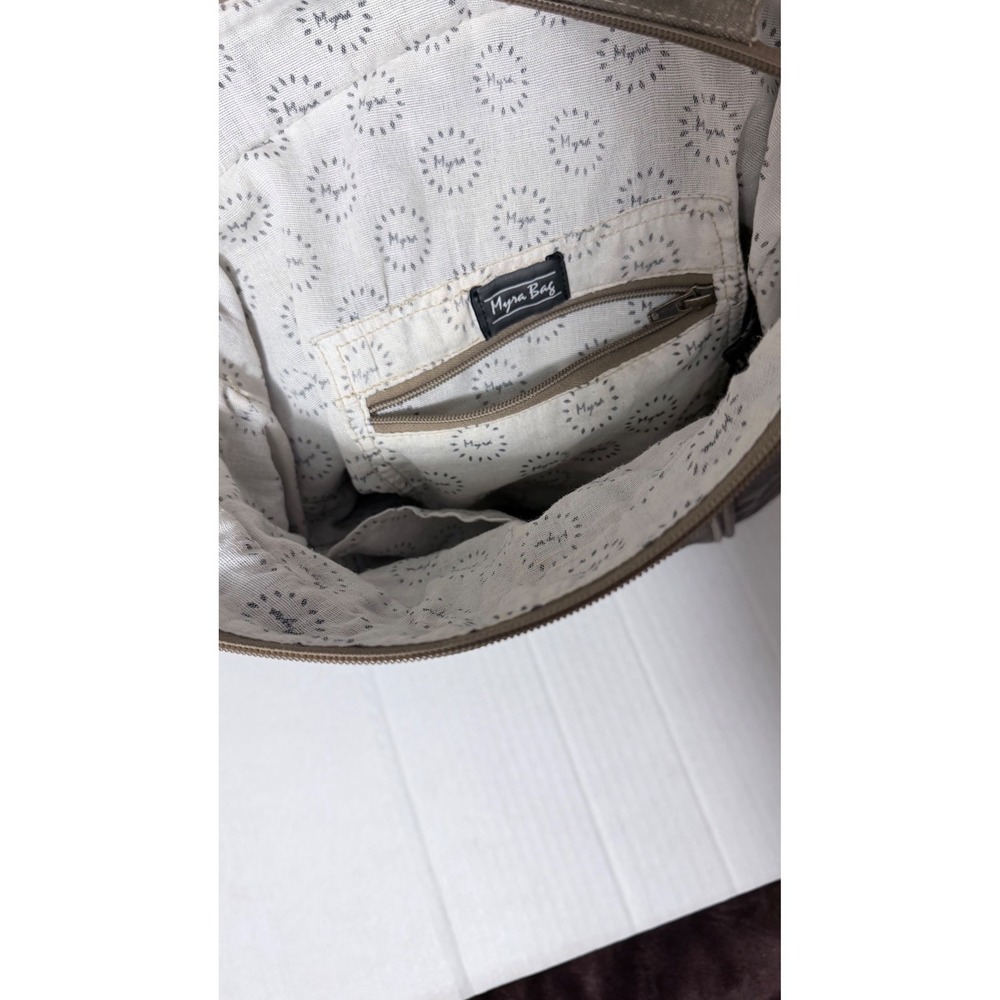 Myra Bag Chateau Marseille Upcycled Canvas Leather Backpack Grey Brown Vintage - Picture 6 of 8